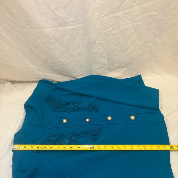 Pablo Collection Blue/Green V-Neck Button Lace Skirt Suit Set Size P14 Vtg 80s - Picture 9 of 11